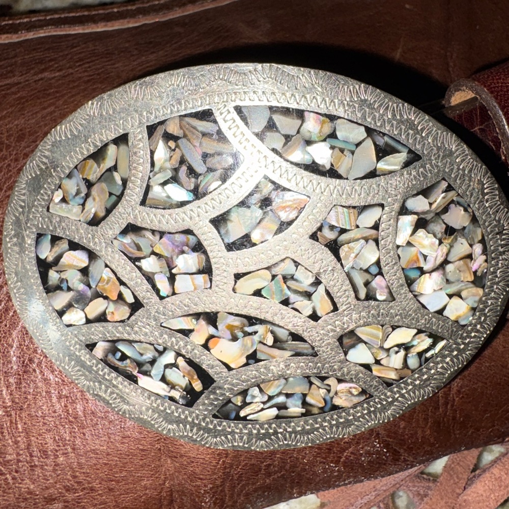 Silver and Abalone Belt Buckle with genuine leather belt